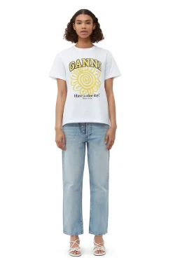 Clearance GANNI Relaxed Yellow Flower T-Shirt Bright White