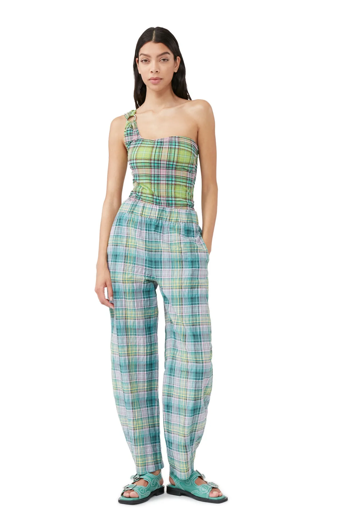 Fashion GANNI Seersucker Check Elasticated Pants Lagoon