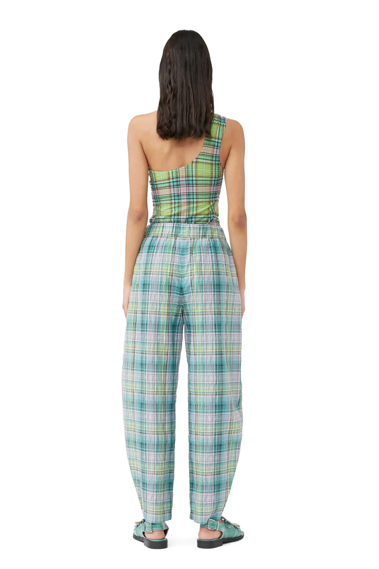 Fashion GANNI Seersucker Check Elasticated Pants Lagoon