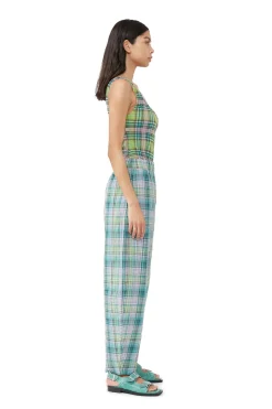 Fashion GANNI Seersucker Check Elasticated Pants Lagoon