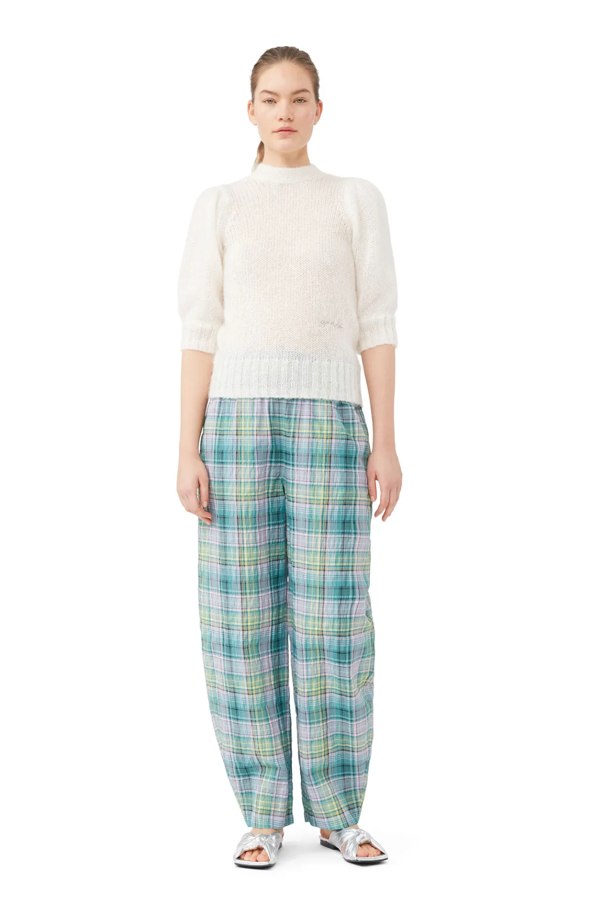 Fashion GANNI Seersucker Check Elasticated Pants Lagoon