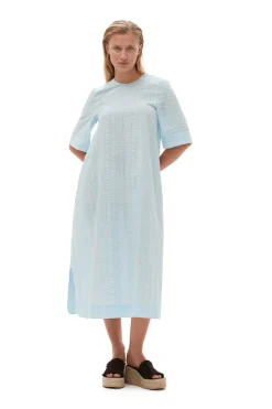Sale GANNI Seersucker Check Maxi Dress Ice Water
