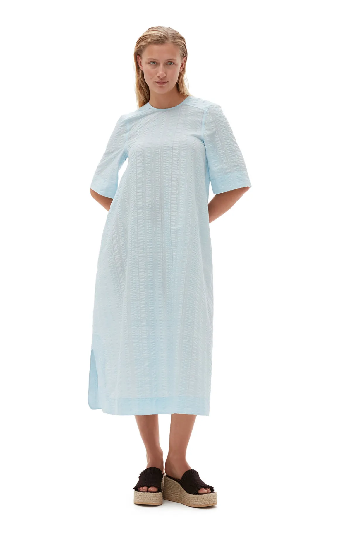 Sale GANNI Seersucker Check Maxi Dress Ice Water