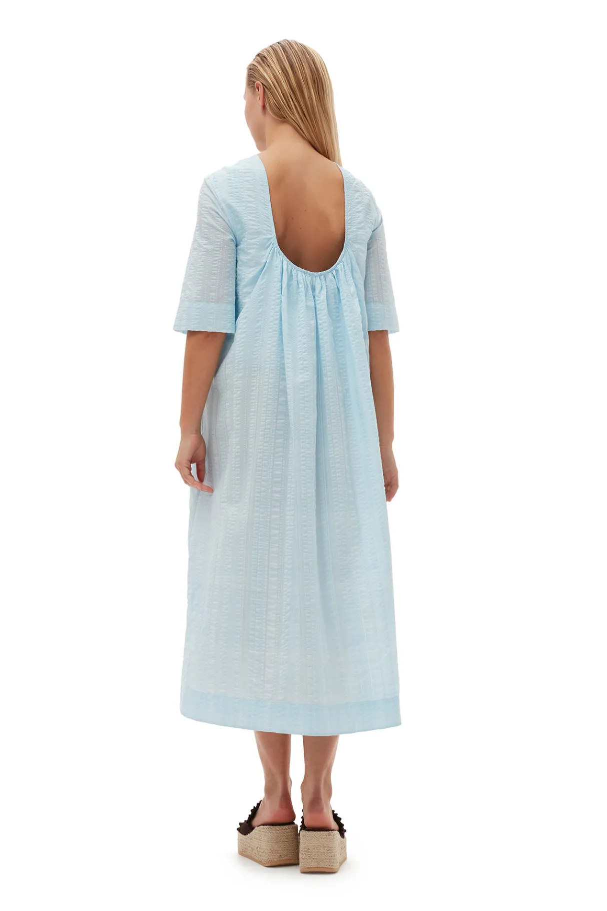 Sale GANNI Seersucker Check Maxi Dress Ice Water