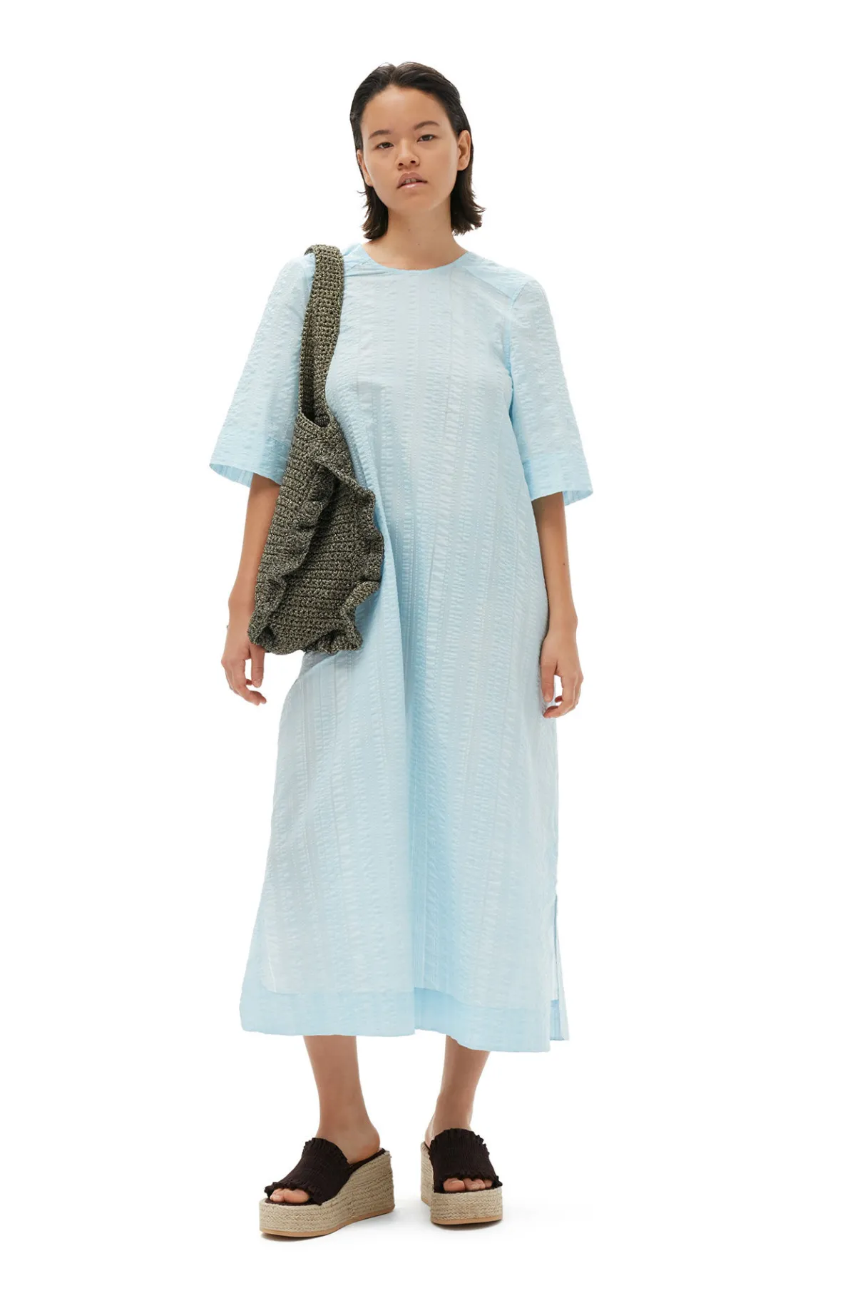 Sale GANNI Seersucker Check Maxi Dress Ice Water