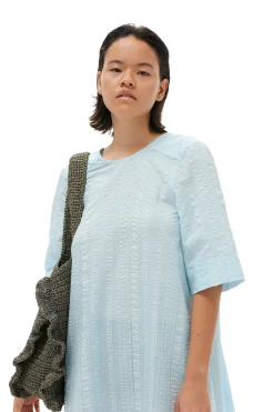 Sale GANNI Seersucker Check Maxi Dress Ice Water