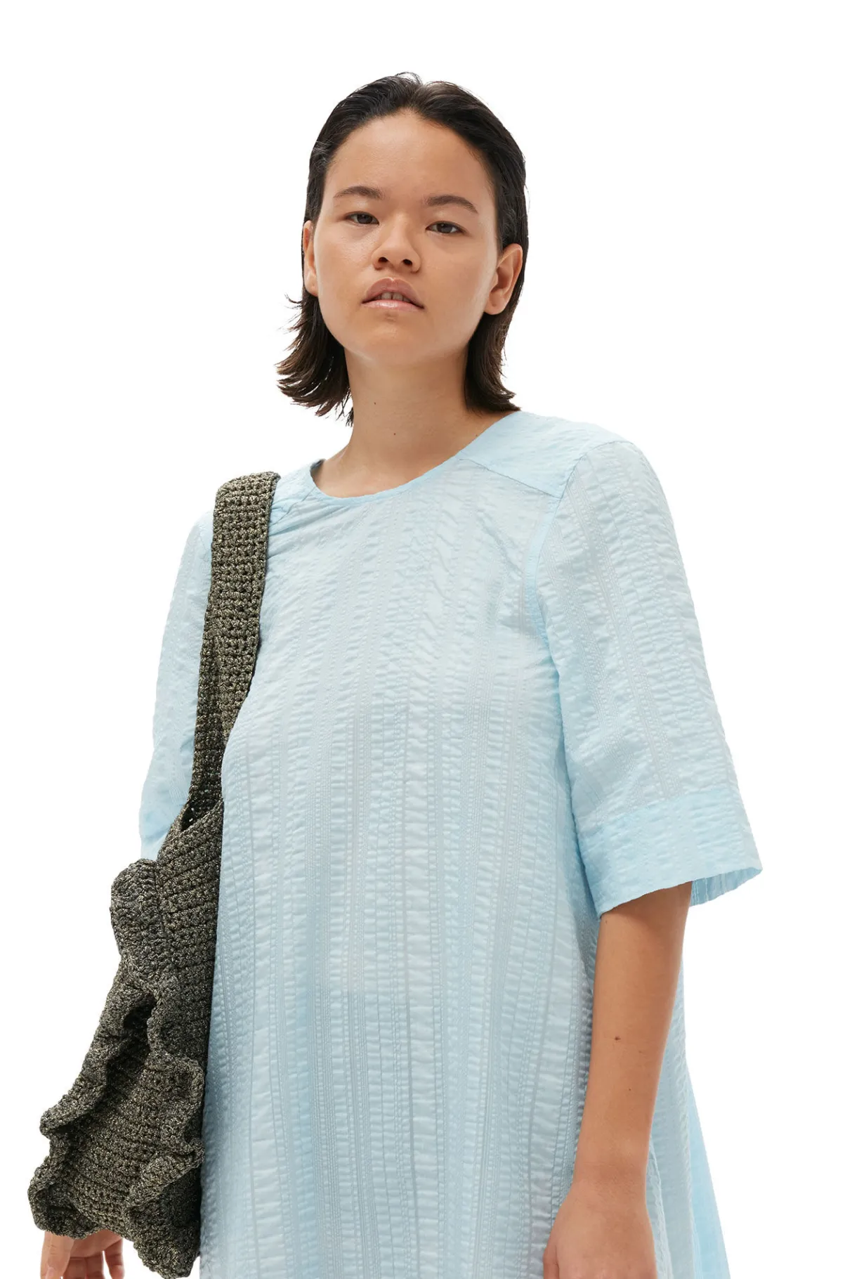 Sale GANNI Seersucker Check Maxi Dress Ice Water