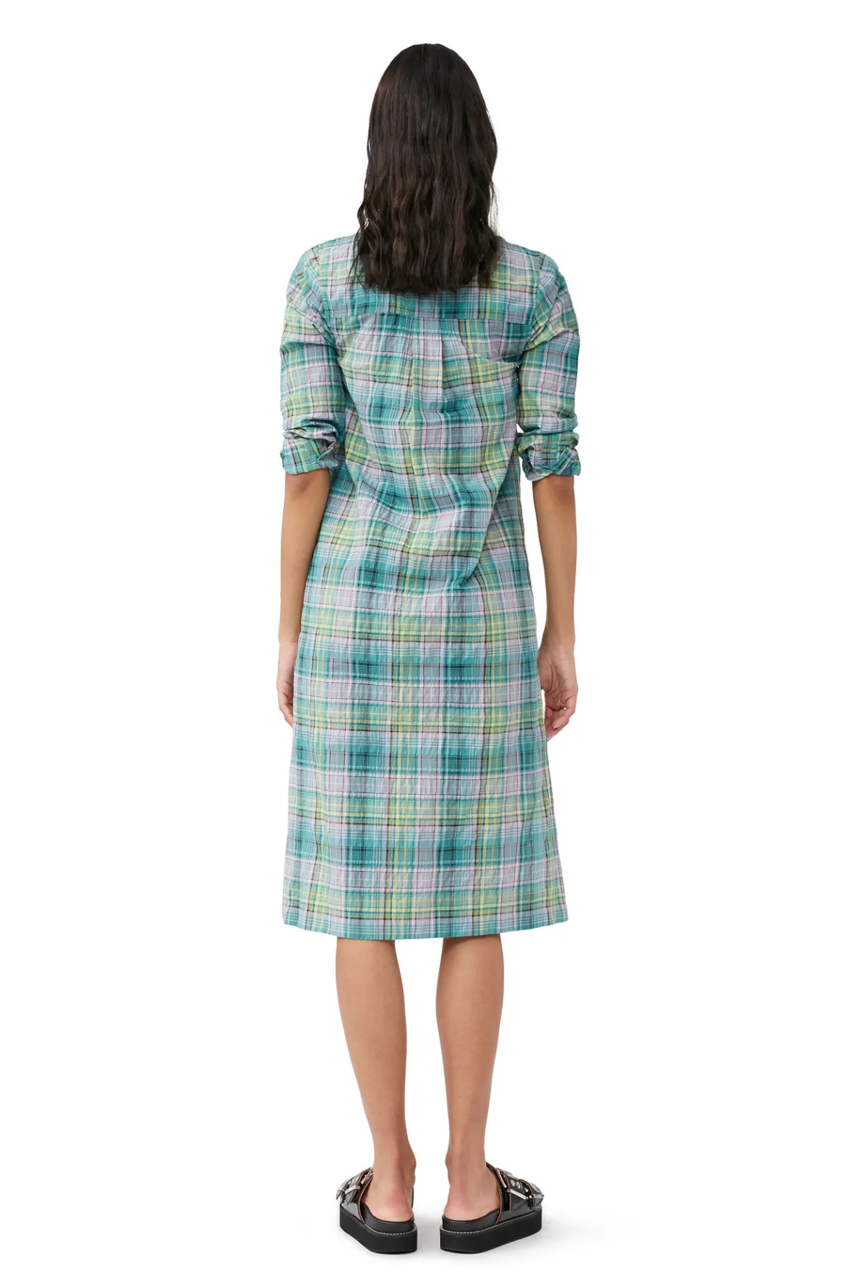 Online GANNI Seersucker Check Shirt Dress Lagoon