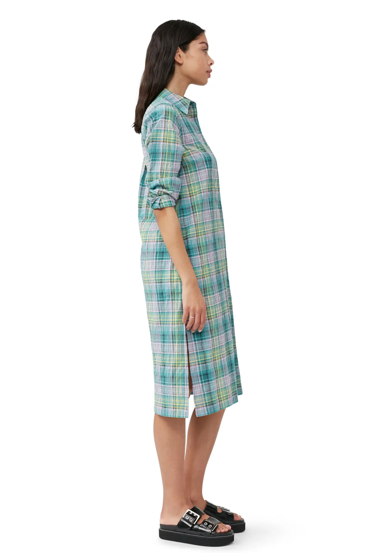 Online GANNI Seersucker Check Shirt Dress Lagoon