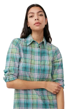 Online GANNI Seersucker Check Shirt Dress Lagoon