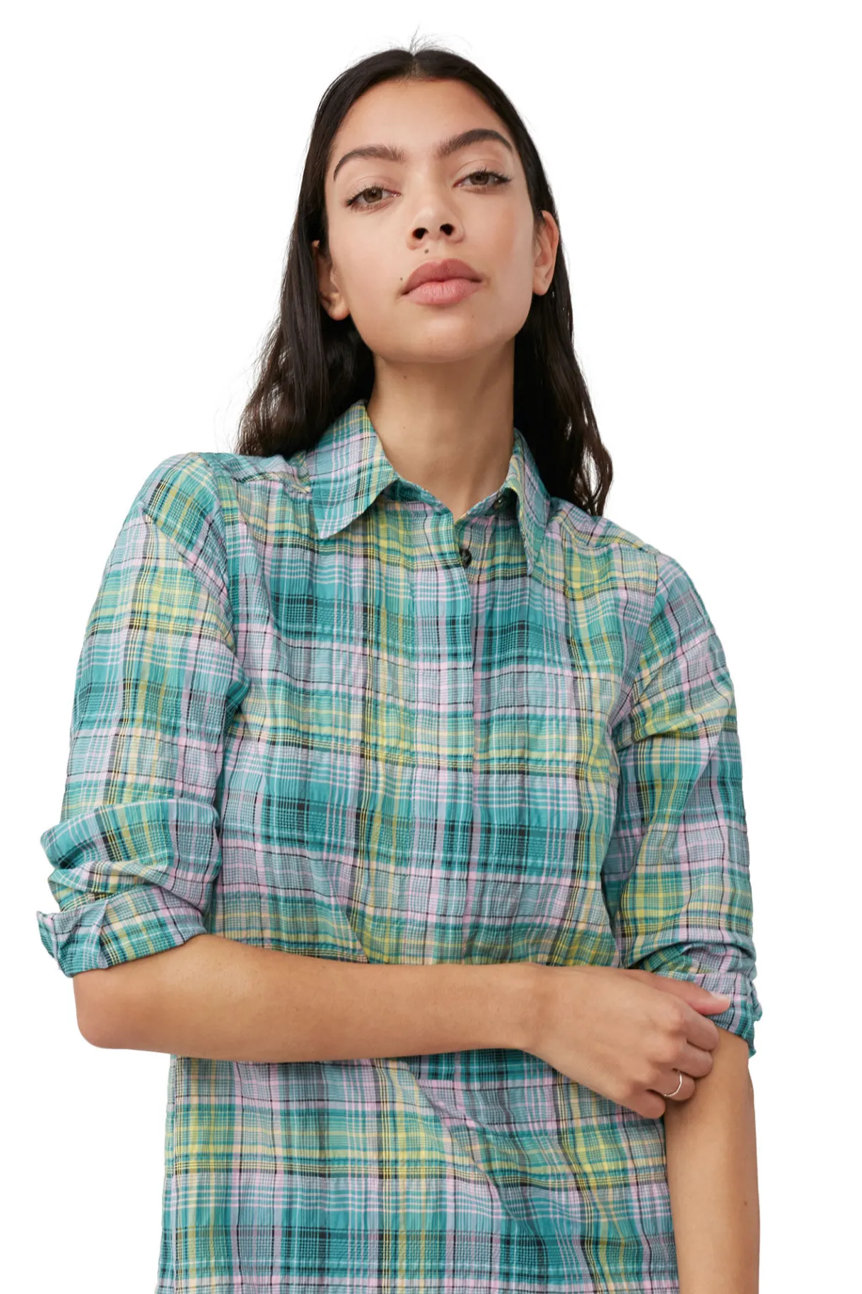 Online GANNI Seersucker Check Shirt Dress Lagoon