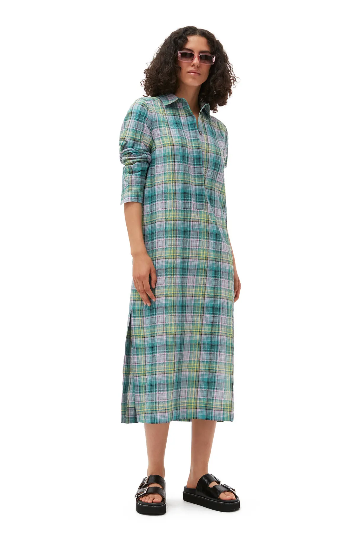 Online GANNI Seersucker Check Shirt Dress Lagoon
