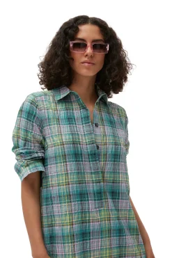 Online GANNI Seersucker Check Shirt Dress Lagoon