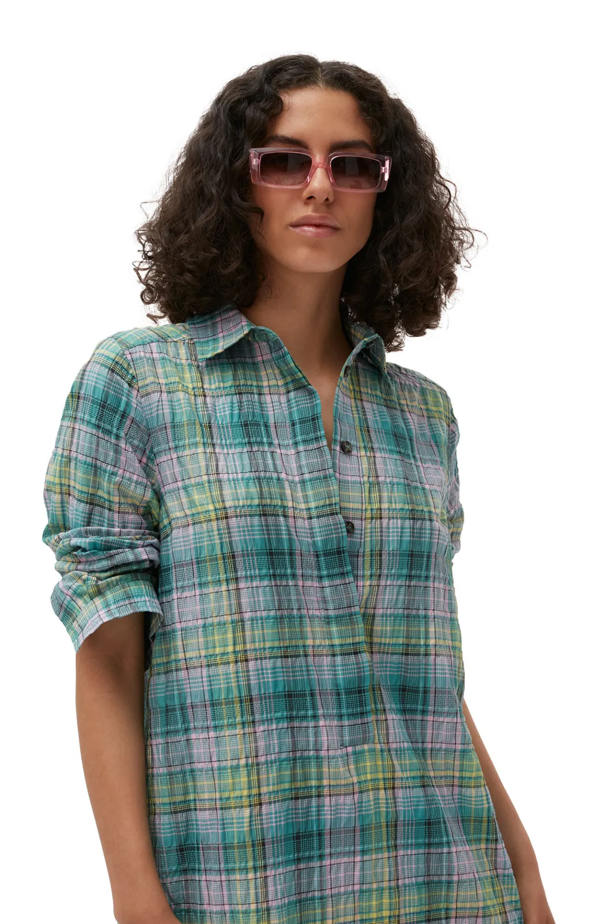 Online GANNI Seersucker Check Shirt Dress Lagoon