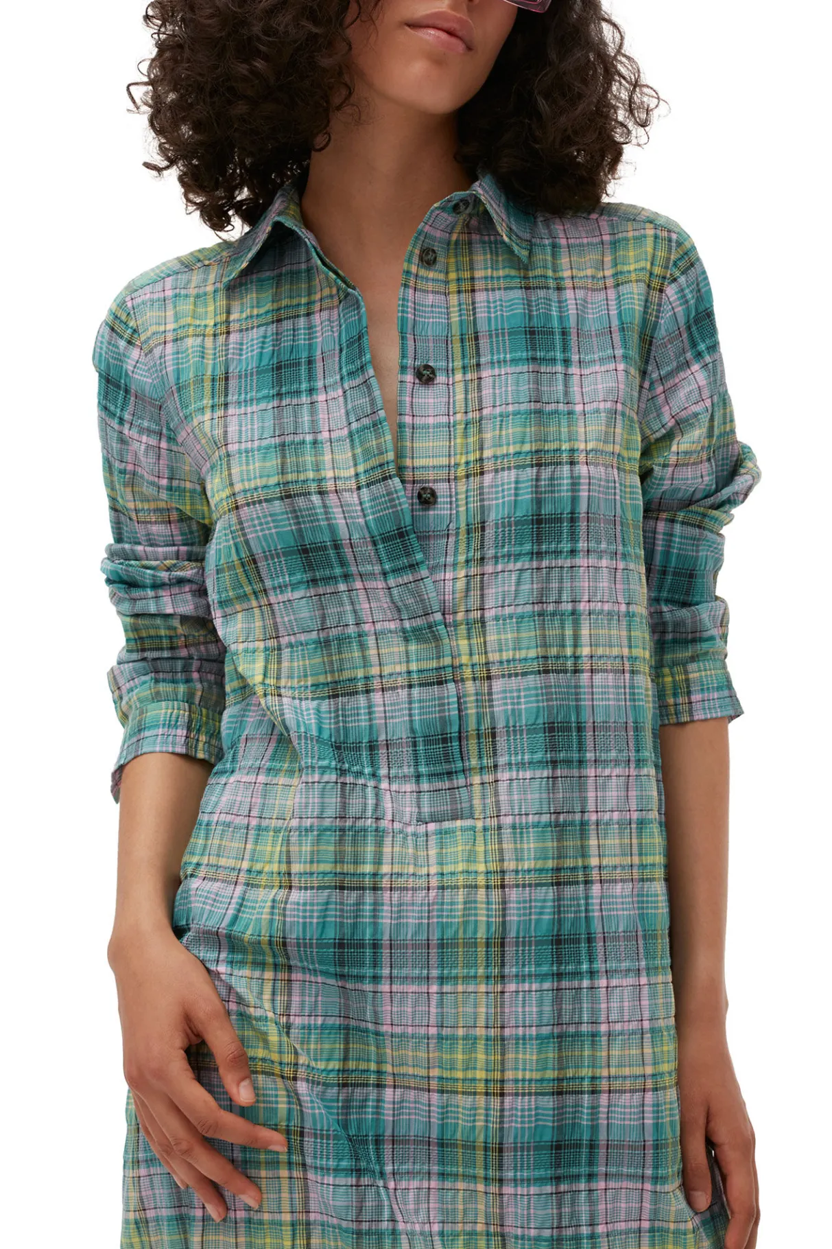 Online GANNI Seersucker Check Shirt Dress Lagoon