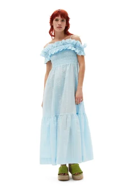 Fashion GANNI Seersucker Check Smock Maxi Dress Ice Water