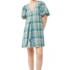 Store GANNI Seersucker Check V-Neck Mini Dress Lagoon