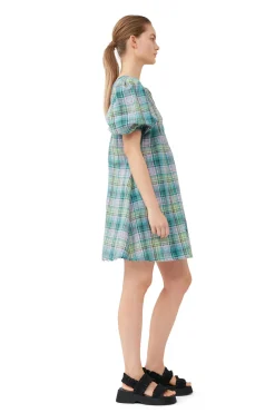 Store GANNI Seersucker Check V-Neck Mini Dress Lagoon