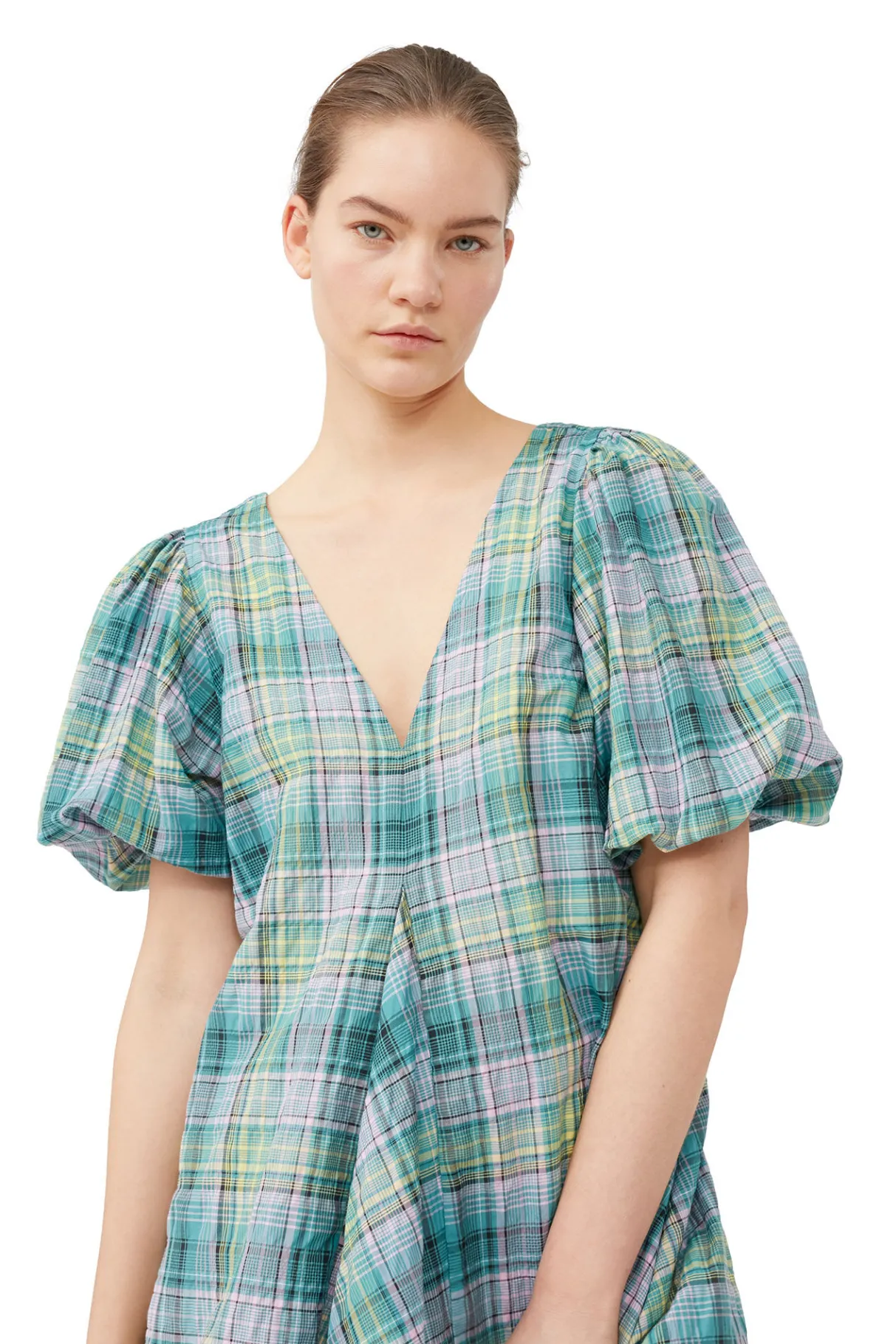 Store GANNI Seersucker Check V-Neck Mini Dress Lagoon