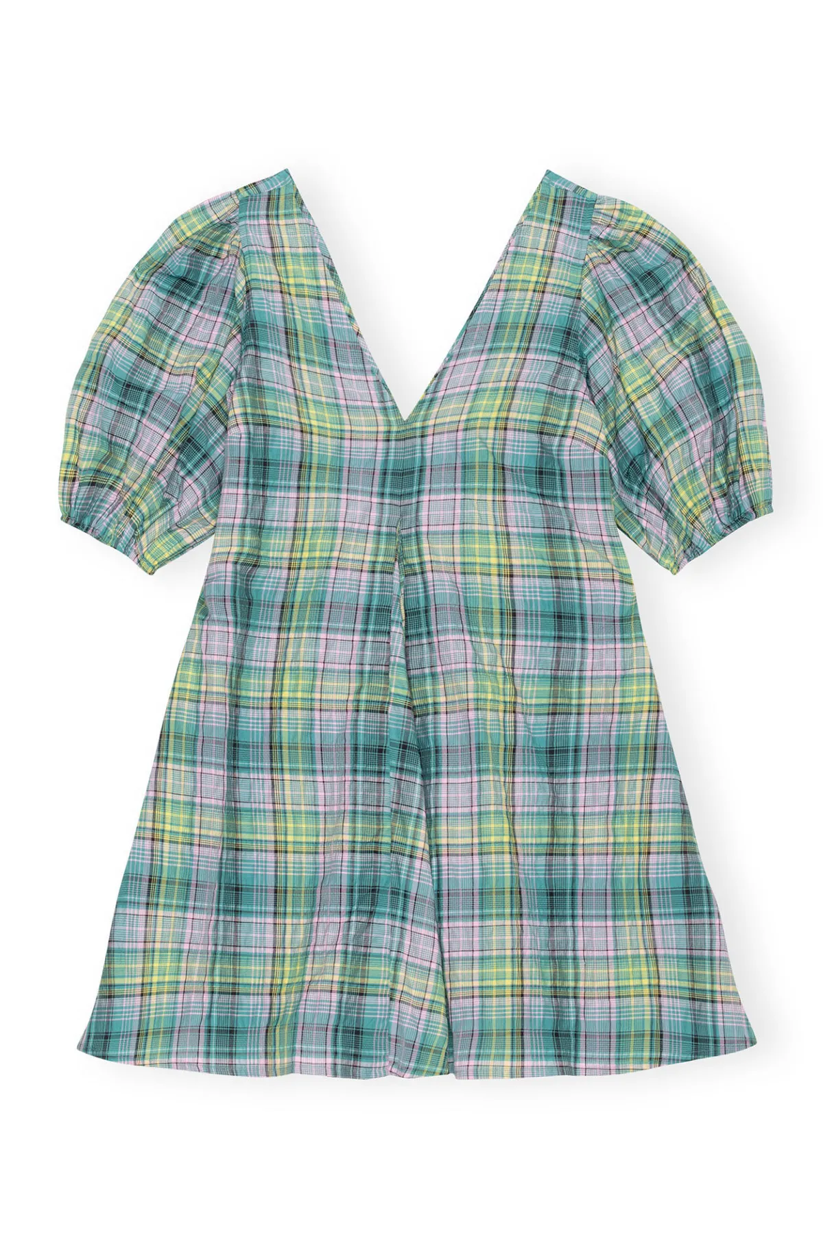 Store GANNI Seersucker Check V-Neck Mini Dress Lagoon