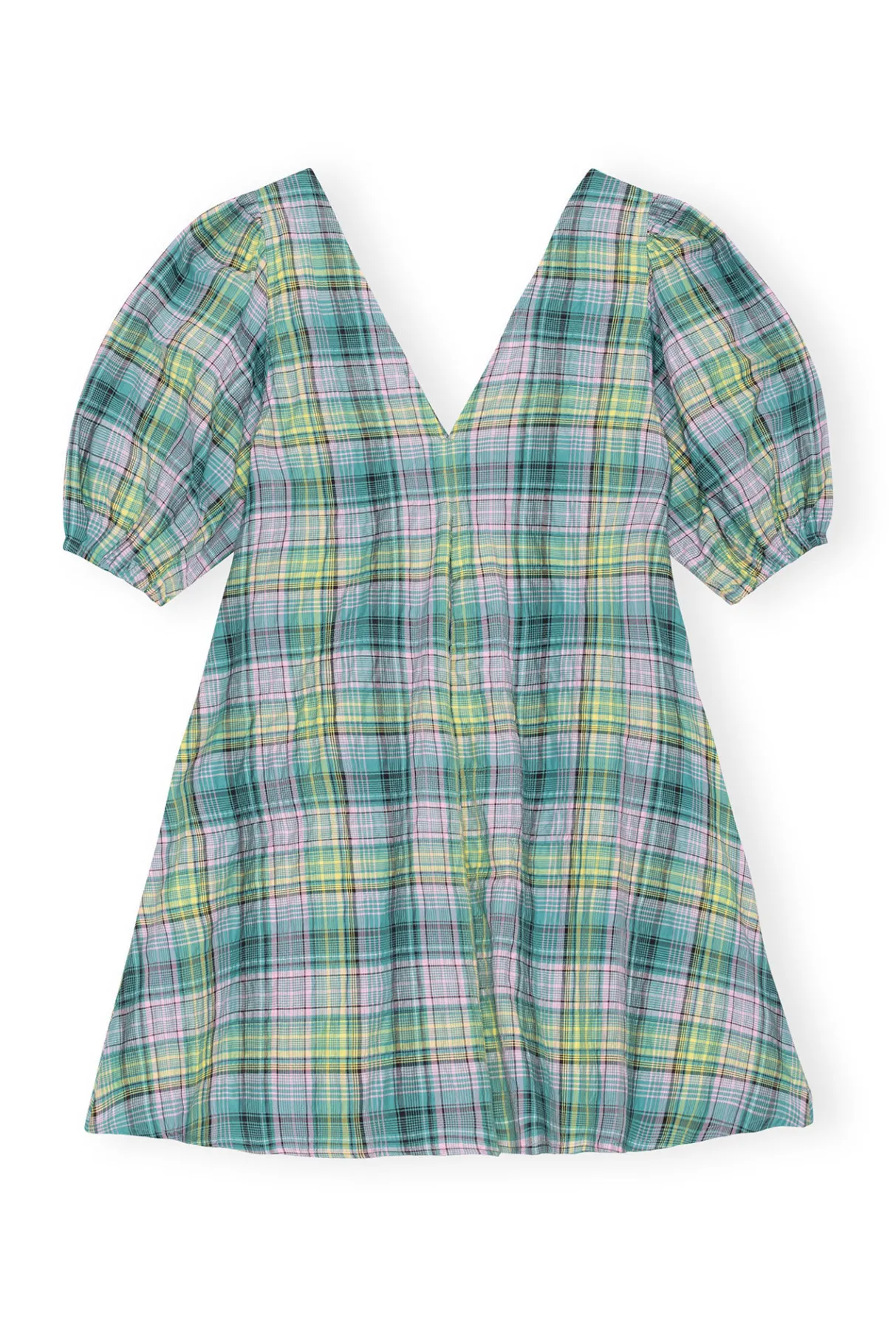 Store GANNI Seersucker Check V-Neck Mini Dress Lagoon