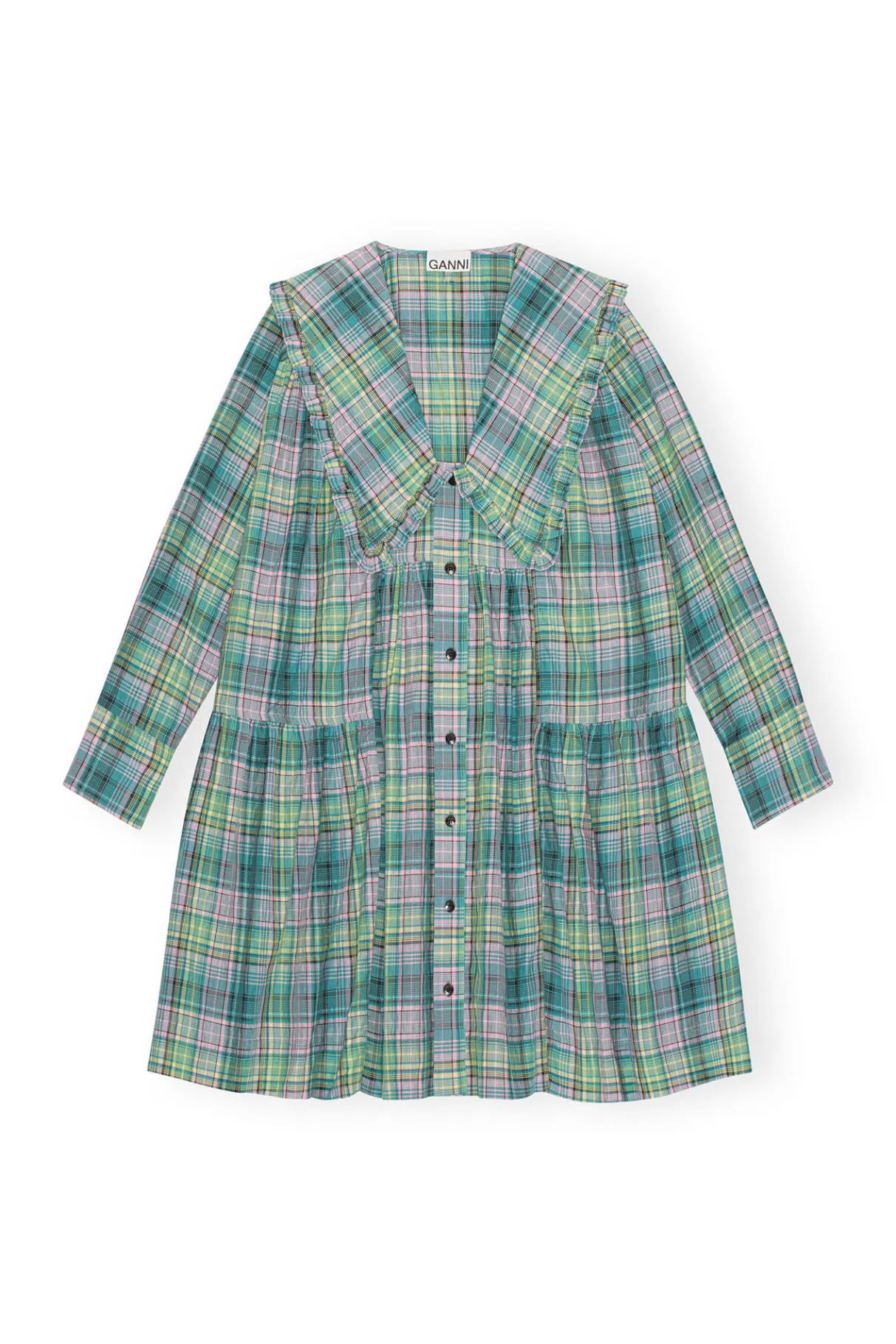 Cheap GANNI Seersucker Check Wide Shirt Dress Lagoon