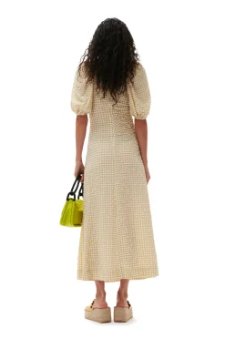 New GANNI Seersucker Puff Sleeves Dress Pale Khaki