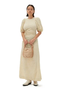 New GANNI Seersucker Puff Sleeves Dress Pale Khaki