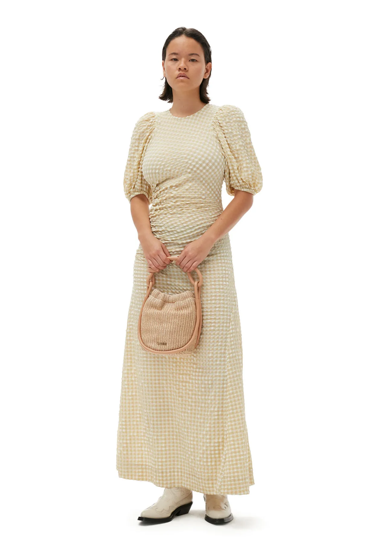 New GANNI Seersucker Puff Sleeves Dress Pale Khaki