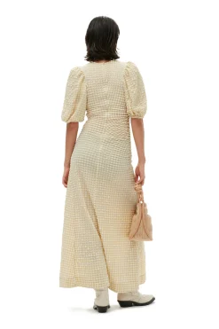 New GANNI Seersucker Puff Sleeves Dress Pale Khaki