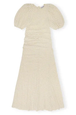 New GANNI Seersucker Puff Sleeves Dress Pale Khaki
