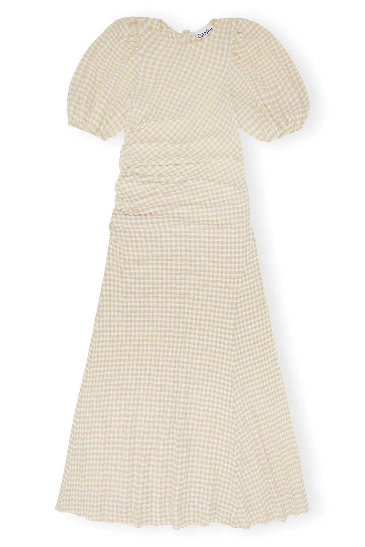 New GANNI Seersucker Puff Sleeves Dress Pale Khaki