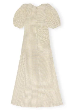 New GANNI Seersucker Puff Sleeves Dress Pale Khaki