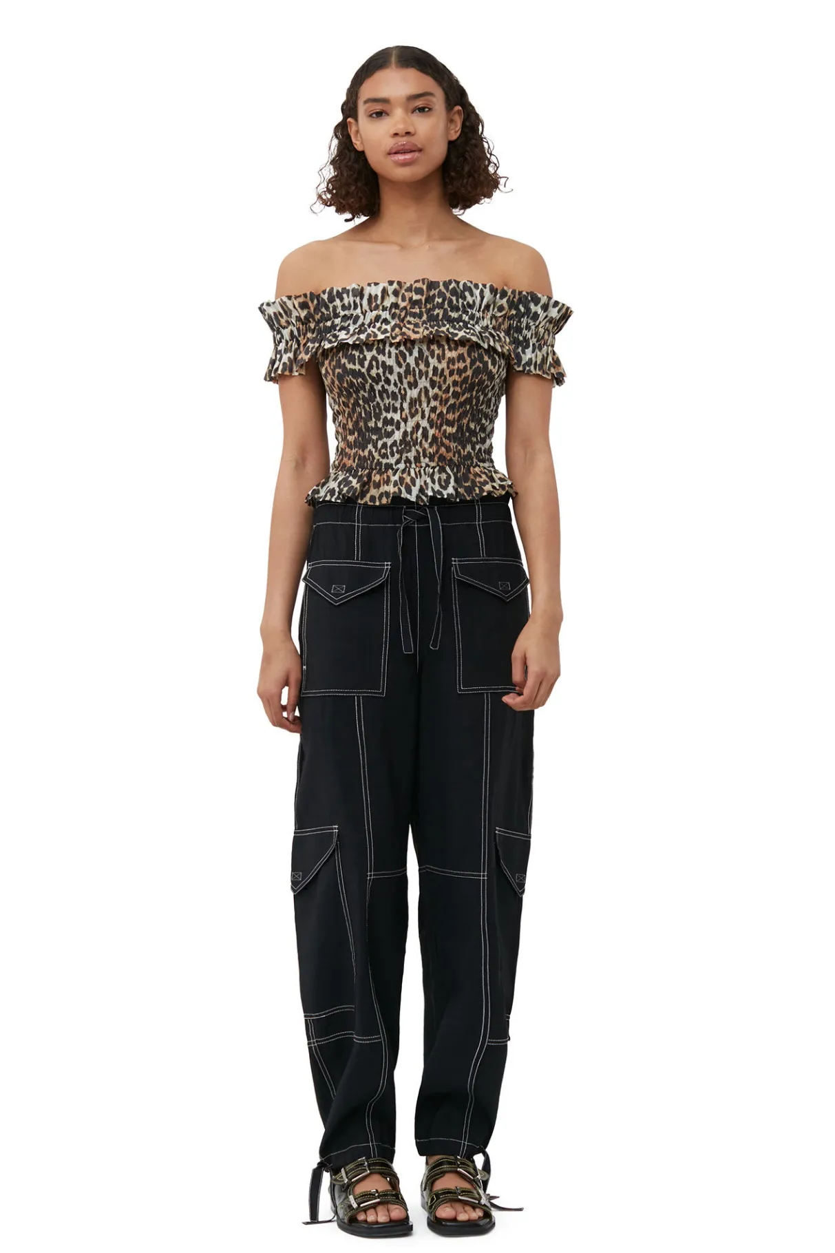 Cheap GANNI Sheer Voile Cropped Off-Shoulder Smock Top Almond Milk