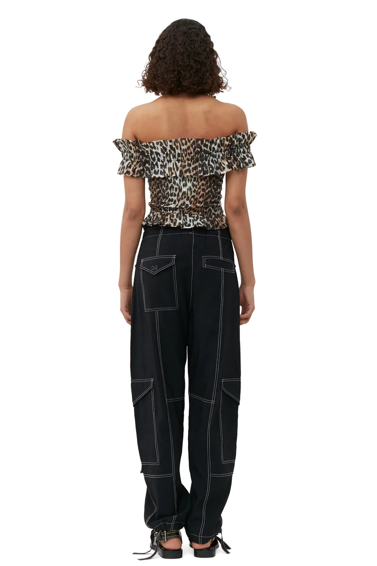 Cheap GANNI Sheer Voile Cropped Off-Shoulder Smock Top Almond Milk