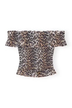 Cheap GANNI Sheer Voile Cropped Off-Shoulder Smock Top Almond Milk
