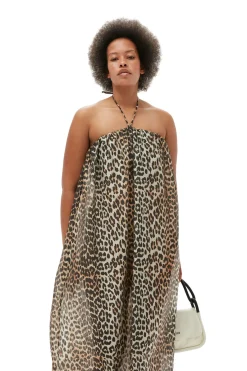 Online GANNI Sheer Voile Maxi Strap Dress Almond Milk