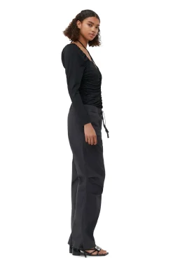 Best GANNI Shiny Crepe Jersey Ruched Blouse Black