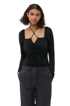 Best GANNI Shiny Crepe Jersey Ruched Blouse Black
