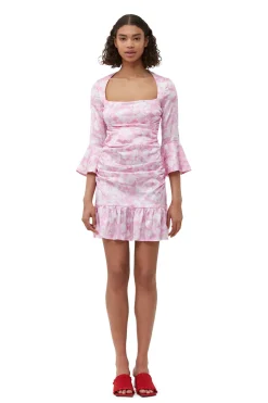 Hot GANNI Silk Stretch Satin Mini Dress Bonbon