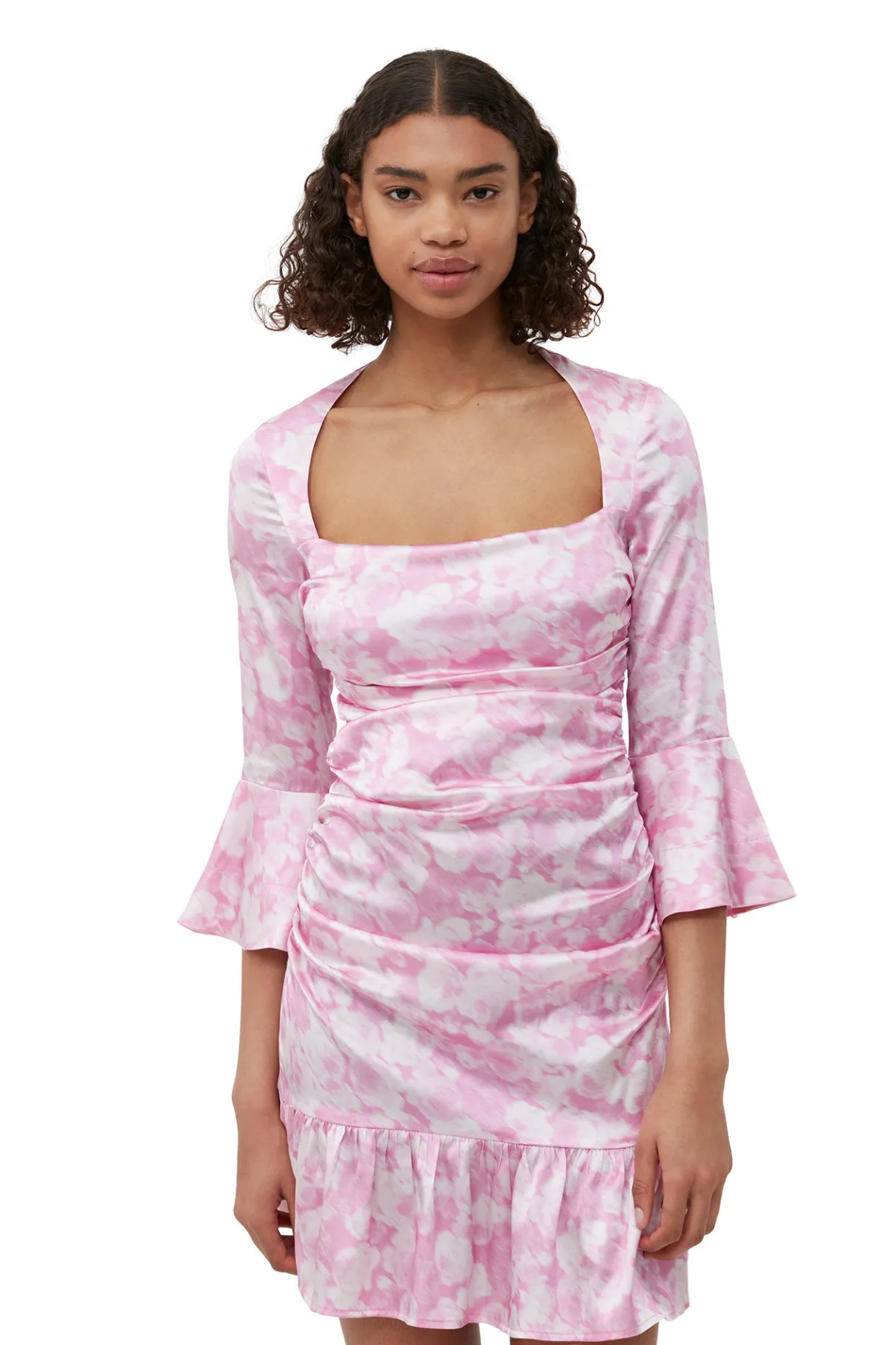 Hot GANNI Silk Stretch Satin Mini Dress Bonbon