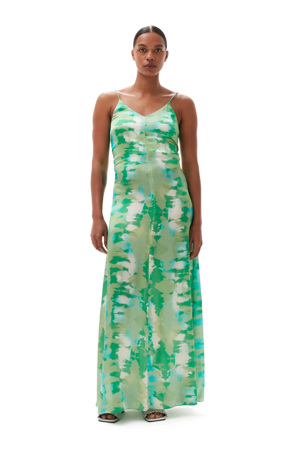 Hot GANNI Silk Stretch Satin Slip Dress Lily Green
