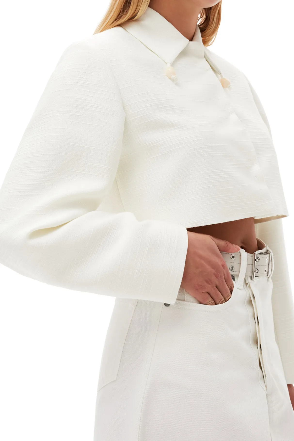 Fashion GANNI Slub Linen Cropped Blazer Egret