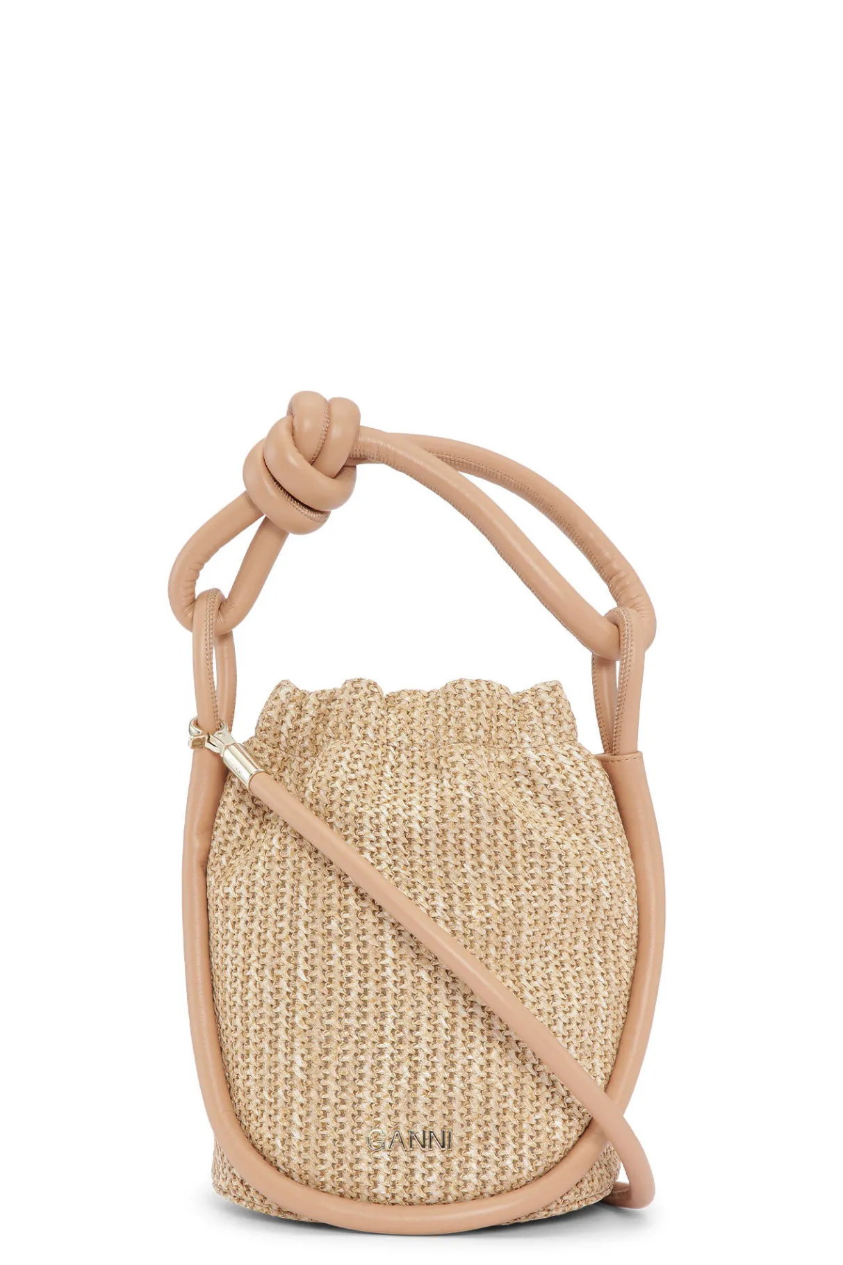 Store GANNI Small Knot Bucket Raffia Bag Tan