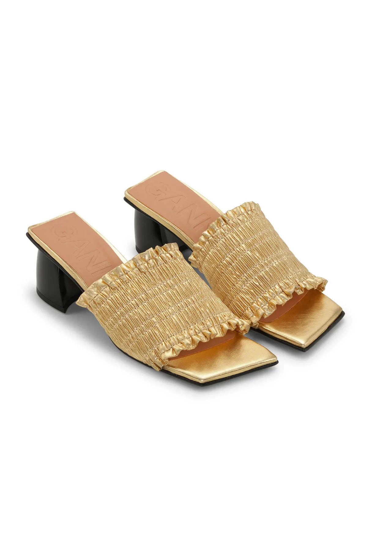 New GANNI Smock Mid Heel Mules Gold
