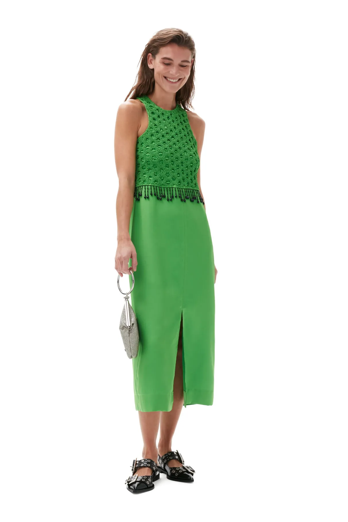 Flash Sale GANNI Smocked Satin Maxi Dress Classic Green