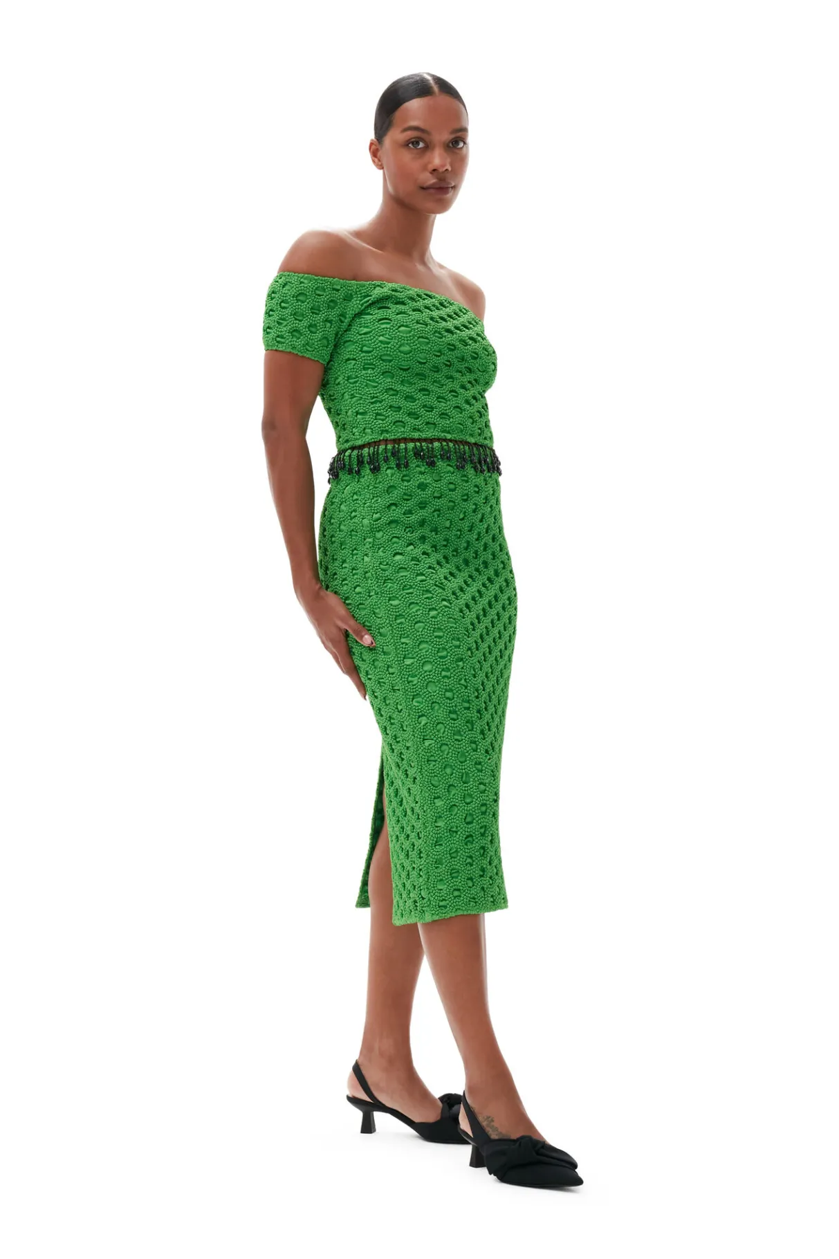 Online GANNI Smocked Satin Off Shoulder Top Classic Green