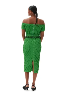 Online GANNI Smocked Satin Off Shoulder Top Classic Green