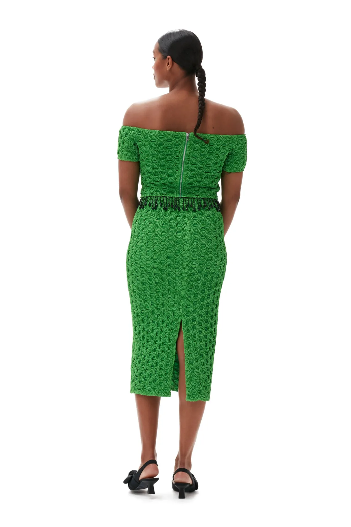 Online GANNI Smocked Satin Off Shoulder Top Classic Green