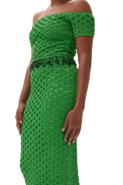 Online GANNI Smocked Satin Off Shoulder Top Classic Green